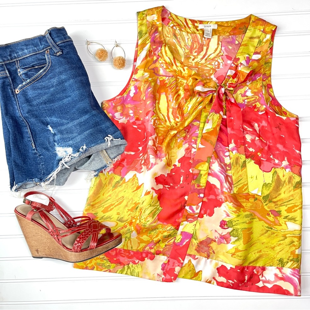 J. Crew Floral Tie-Neck Sleeveless Shell in Yellow, Pink & Red